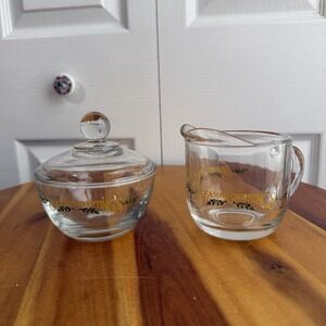 Anchor Hocking‎ Seasons Greetings Cream Sugar Set Holiday Christmas Cottage VTG